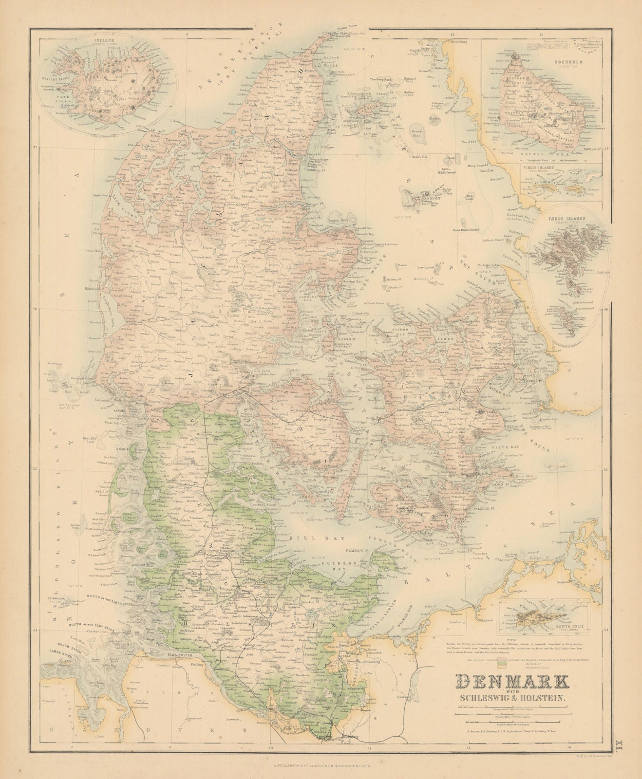 Denmark with Schleswig & Holstein. US Virgin Islands St Croix Iceland c1863 map